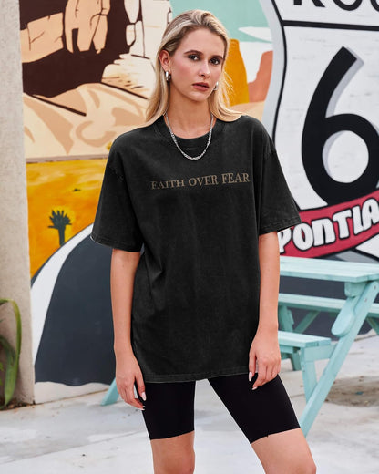 Aiyino Unisex Faith Over Fear Tee Vintage Acid Wash Slogan