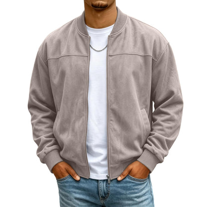 Mens Suede Jacket Stand Collar Warm Plush Zip Up Bomber Jacket with Pockets