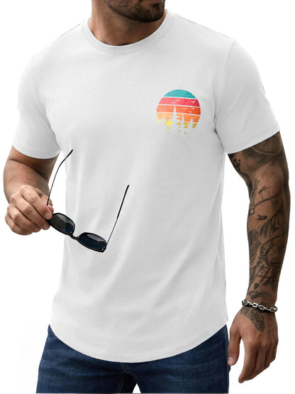 Comdecevis Men's Graphic T-Shirts Curved Hem Casual Vintage Summer Tees