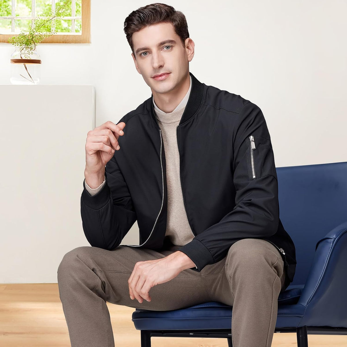 Men's Lightweight Bomber Jacket Windbreaker Causal with Multiple Pockets