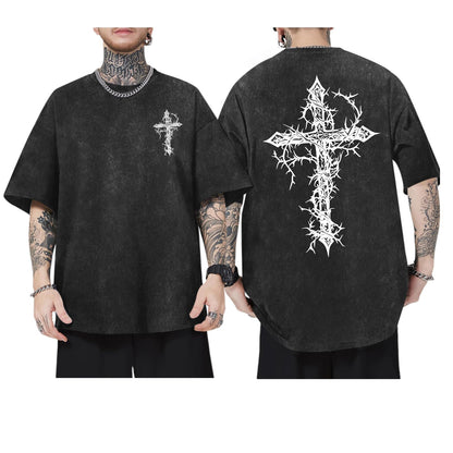 Men's Goth Shirt Oversized Acid Wash Grunge Shirts Gothic Cross Graphic Tees Vintage Streetwear Summer Tshirts