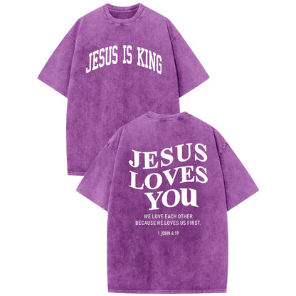 Mens Christian Shirts Jesus is King Love You Tshirt God Faith Religious Bible Verse Oversized Acid Wash Graphic Tees