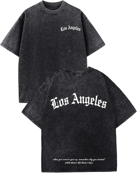 Bobeutou Oversized Graphic Tshirts for Men Los Angeles Vintage Tees Streetwear Acid Wash Baggy Cool Shirts Casual Tops