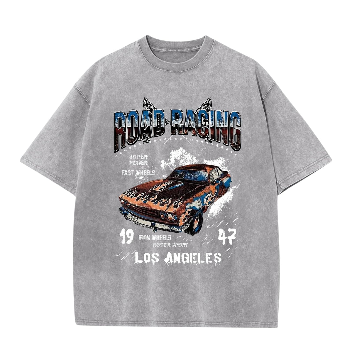 Mens Graphic T-Shirts Oversized Acid Wash Tshirt Vintage Streetwear Shirt Cool Road Racing Printed Tee Los Angeles Top