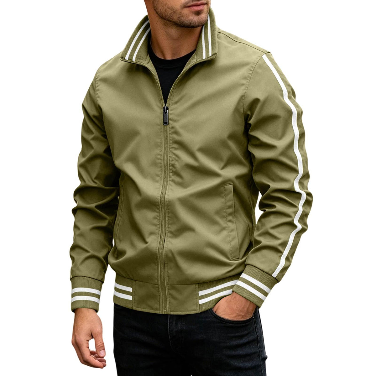 Men Bomber Jacket Windbreaker Lightweight Long Sleeve Zip Up Bomber Cardigan Waterproof Pocket Flight Coat Voyage
