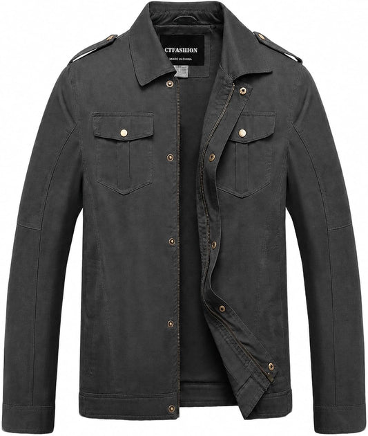 Men's Canvas Military Jacket 100% Cotton Tactical Field Coat Full Zip Multi Pocket Outdoor Work Outerwear