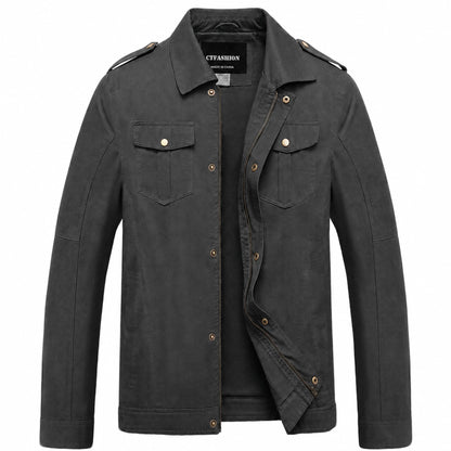 Men's Canvas Military Jacket 100% Cotton Tactical Field Coat Full Zip Multi Pocket Outdoor Work Outerwear