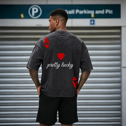 Fkatuzi Mens Cropped Graphic Tee Poker Ace of Hearts Shirt Oversized Boxy Tees Vintage Streetwear Crop Top Acid Wash Shirt