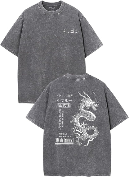 UOUA Men's Graphic Tees Washed Oversized Short Sleeve T-Shirts