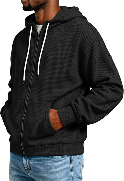 Waffle Hoodie Men Zip Up Athletic Casual Hooded Sweatshirts with Pockets