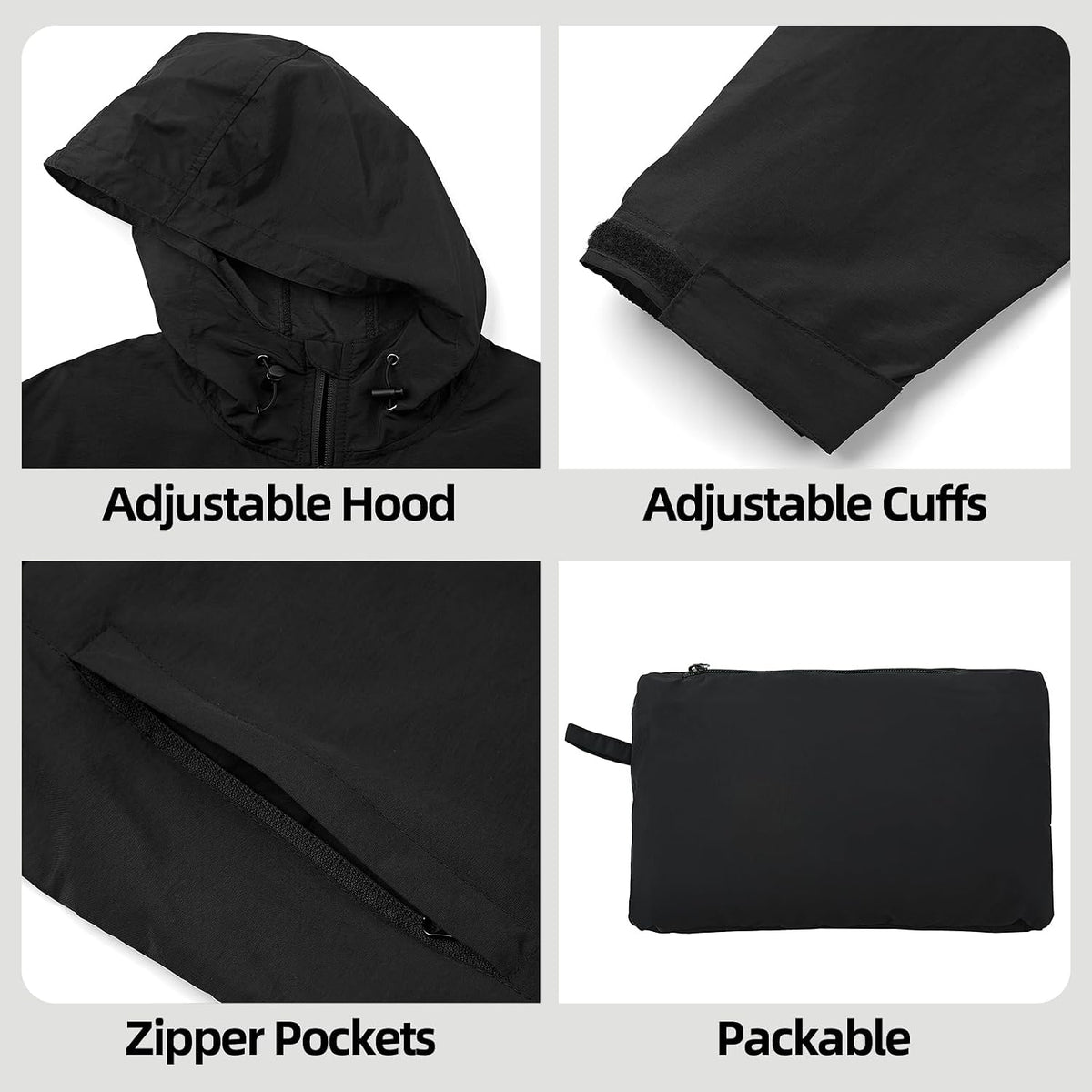Men's Lightweight Jacket Windbreaker Packable Hooded Raincoat for Hiking Outdoor with Zippered Pocket