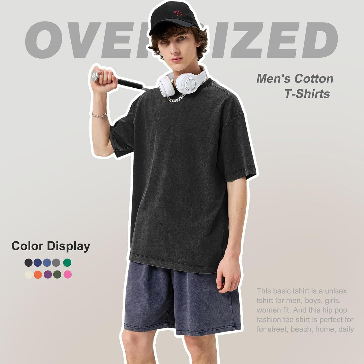 Men's Cotton T-Shirts Oversized Unisex Short Sleeves Casual Loose Wash Solid Basic Tee Tops
