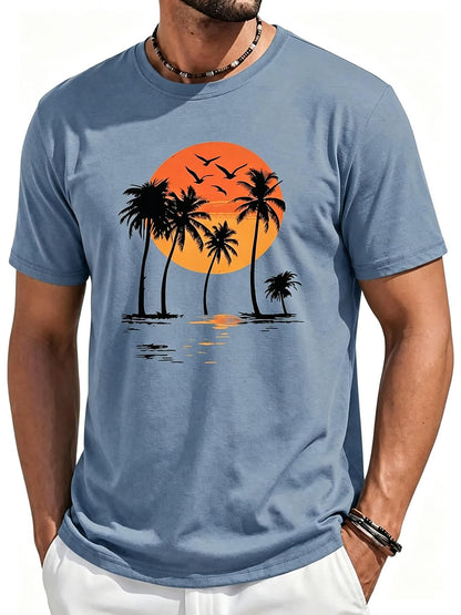 Runcati Mens Short Sleeve T-Shirts Crewneck Graphic Palm Tree Printed Tees