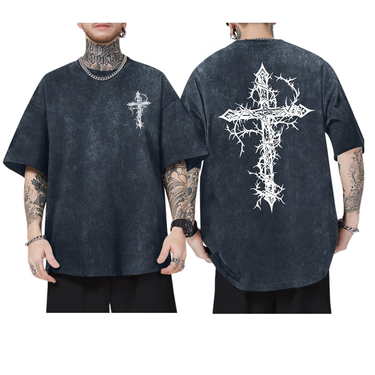 Men's Goth Shirt Oversized Acid Wash Grunge Shirts Gothic Cross Graphic Tees Vintage Streetwear Summer Tshirts