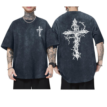 Men's Goth Shirt Oversized Acid Wash Grunge Shirts Gothic Cross Graphic Tees Vintage Streetwear Summer Tshirts