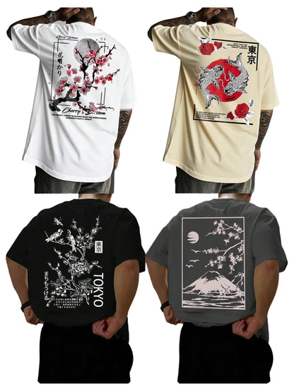 VIPWOLF Men's 4 Piece Y2K Graphic Tees Shorts Sleeve Cool T-Shirts Top