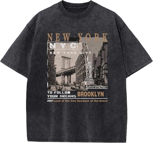 Oversized Graphic Shirts for Men New York Vintage Acid Wash Tshirts Streetwear Baggy Cotton Tees Casual Tops