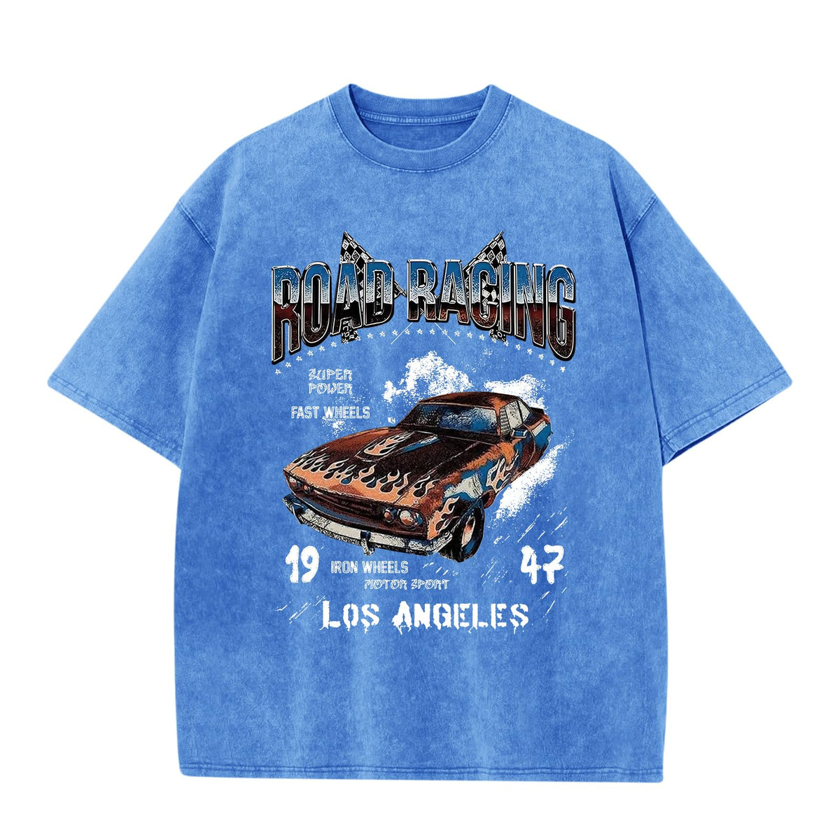 Mens Graphic T-Shirts Oversized Acid Wash Tshirt Vintage Streetwear Shirt Cool Road Racing Printed Tee Los Angeles Top