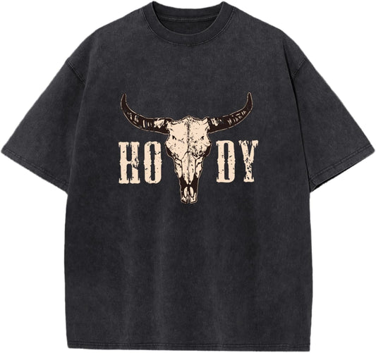Western Shirts for Men Vintage Cowboy Shirt Oversized Cow Skull Graphic Tees Country Concert Acid Wash T-Shirts Tops