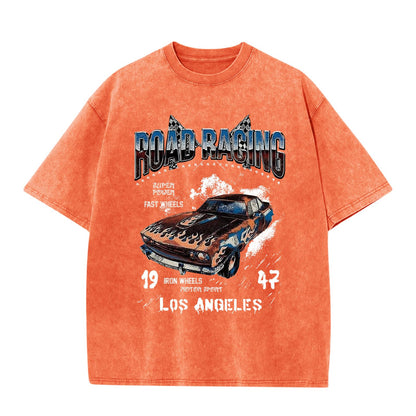 Mens Graphic T-Shirts Oversized Acid Wash Tshirt Vintage Streetwear Shirt Cool Road Racing Printed Tee Los Angeles Top