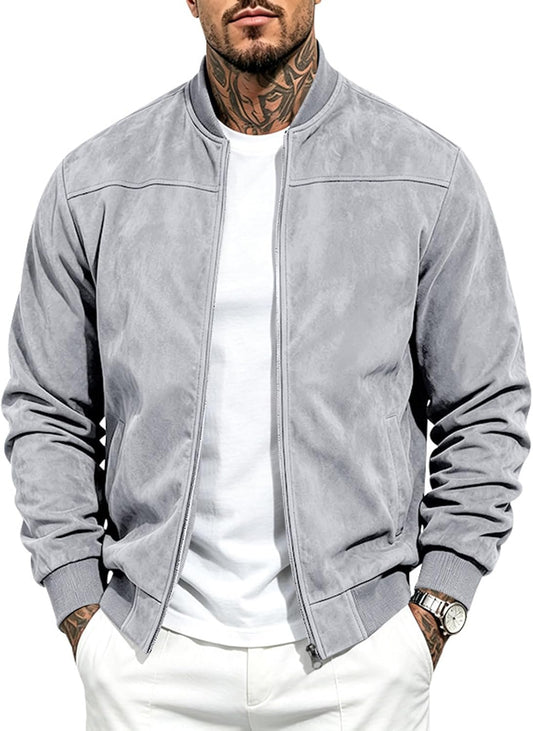 Suede Bomber Jacket Men Zip Up Long Sleeve Jackets with Pockets