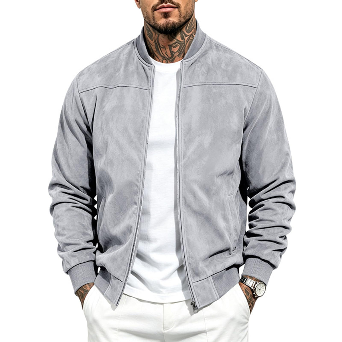 Suede Bomber Jacket Men Zip Up Long Sleeve Jackets with Pockets
