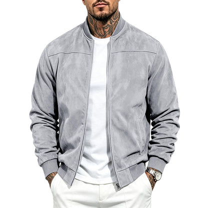 Suede Bomber Jacket Men Zip Up Long Sleeve Jackets with Pockets