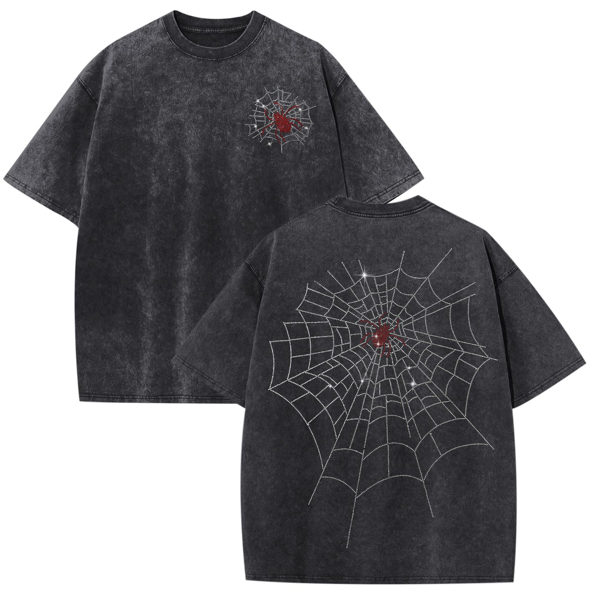Men's Rhinestone Graphic Tee Spider Grunge Shirts Vintage Oversized Acid Wash T Shirts Y2k Streetwear Cotton Tops