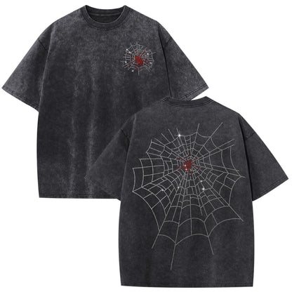 Men's Rhinestone Graphic Tee Spider Grunge Shirts Vintage Oversized Acid Wash T Shirts Y2k Streetwear Cotton Tops
