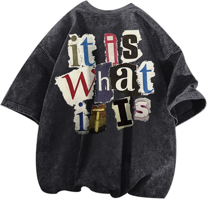 Men's Graphic Tees Funny Letter Print Vintage Oversize T Shirts Acid Wash Shirt Streetwear Rapper Casual Tee Top