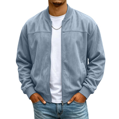 Mens Suede Jacket Stand Collar Warm Plush Zip Up Bomber Jacket with Pockets