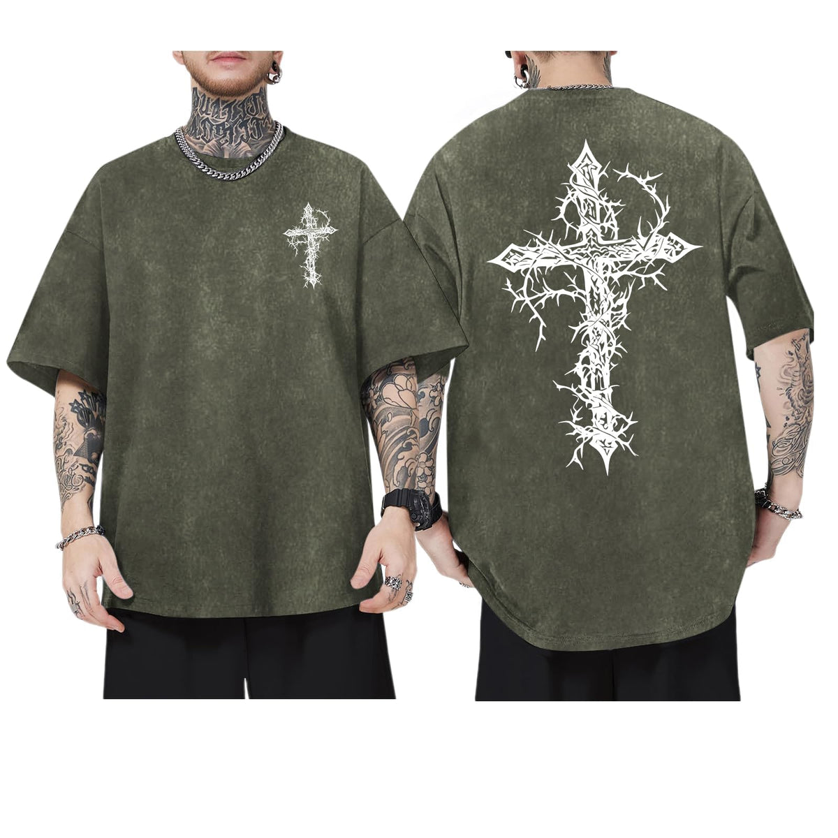 Men's Goth Shirt Oversized Acid Wash Grunge Shirts Gothic Cross Graphic Tees Vintage Streetwear Summer Tshirts