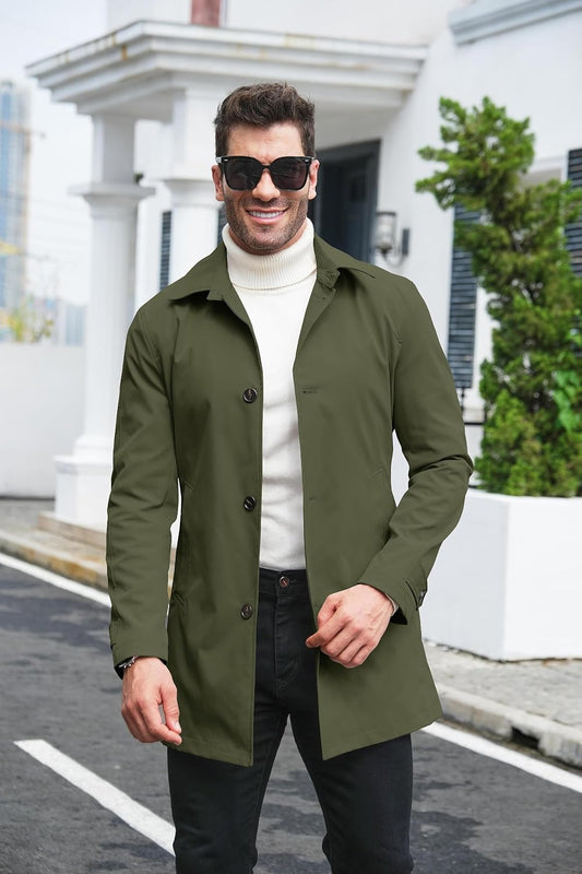 Makkrom Mens Trench Coat Casual Windbreak Jacket Long Classic Overcoat