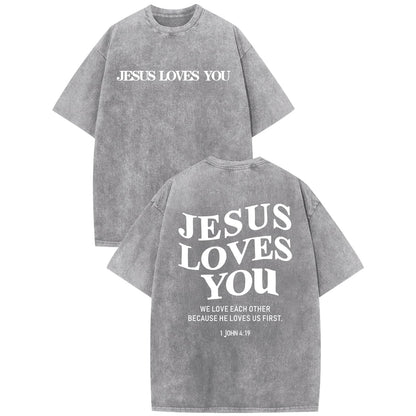 Christian Jesus Loves You Shirts for Men Religious Oversized Graphic Tees Jesus Faith Acid Wash T Shirt God Top