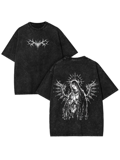 Men's Oversized Heavyweight T-Shirt Acid Wash Graphic Tee Heavyweight Cotton Streetwear Retro Angel Cross Print