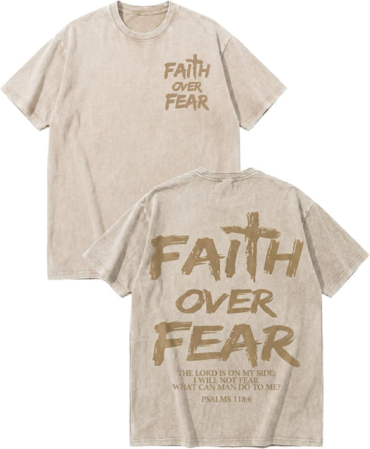 Christian Faith Over Fear Shirt for Men, Jesus Religious Vintage Washed Cotton Graphic Tee with Psalm 118:6 Back Print