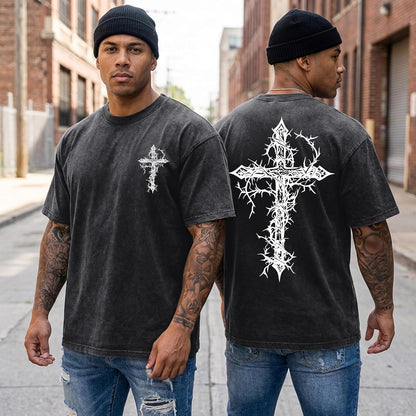Men's Goth Shirt Oversized Acid Wash Grunge Shirts Gothic Cross Graphic Tees Vintage Streetwear Summer Tshirts