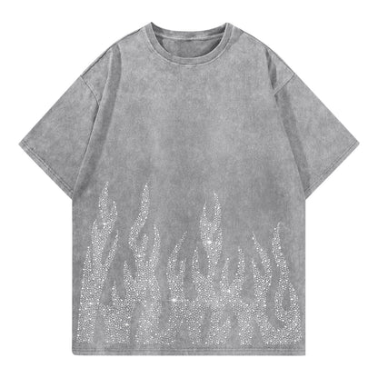 Tuislay Men's Oversized Graphic Tees Rhinestone Flame Shirt Streetwear Grunge Acid Wash Tshirt Baggy Vintage T Shirts Y2k Top