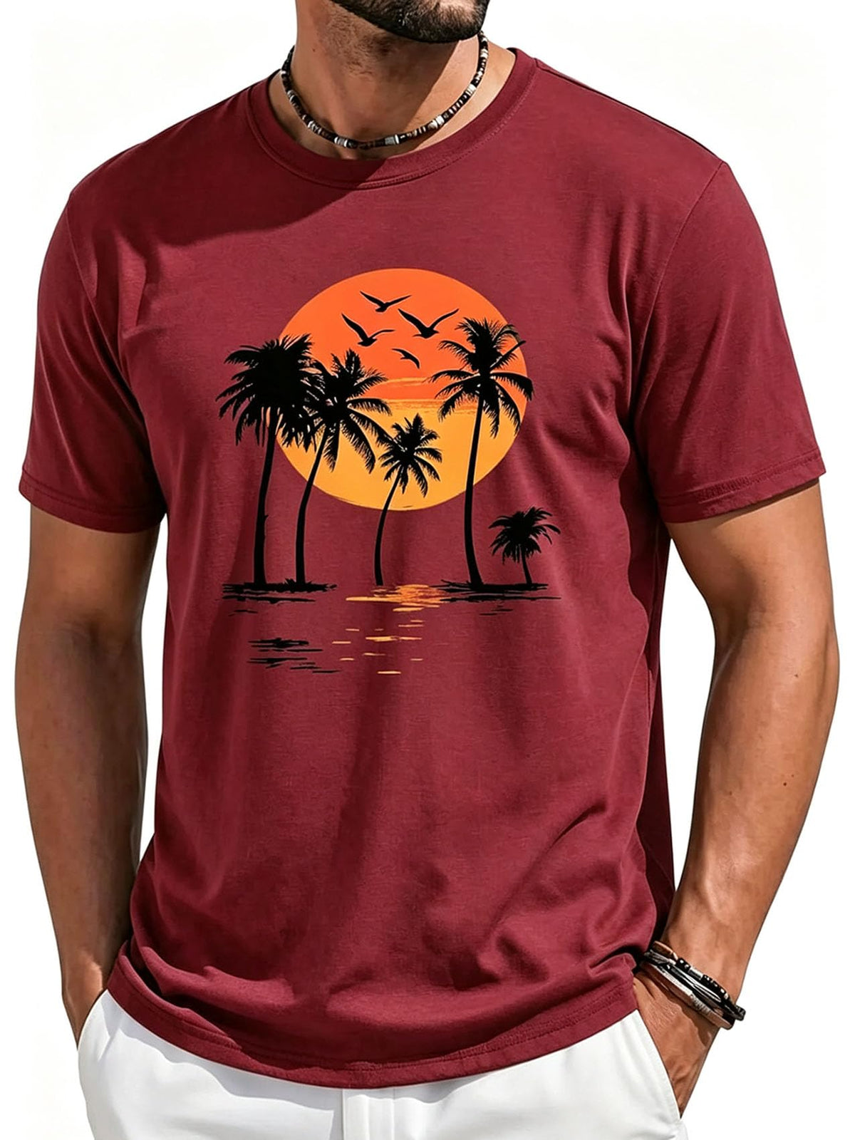 Runcati Mens Short Sleeve T-Shirts Crewneck Graphic Palm Tree Printed Tees
