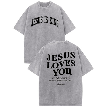 Mens Christian Shirts Jesus is King Love You Tshirt God Faith Religious Bible Verse Oversized Acid Wash Graphic Tees