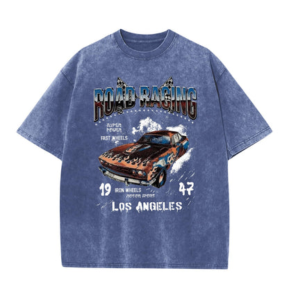 Mens Graphic T-Shirts Oversized Acid Wash Tshirt Vintage Streetwear Shirt Cool Road Racing Printed Tee Los Angeles Top