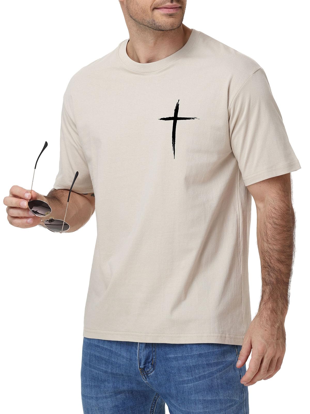 HOUZONIY Christian Tshirts for Men Cross Print Graphic Oversized Crewneck Jesus Faith Cotton Casual Short Sleeve Top Tee