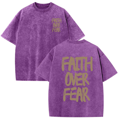 Christian Shirts for Men Faith Over Fear Shirt Jesus Religious Tshirt Oversized Graphic Tees Acid Wash God T-Shirt