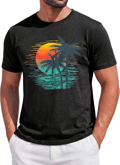 Runcati Mens Short Sleeve Graphic Palm Tree Printed T Shirts
