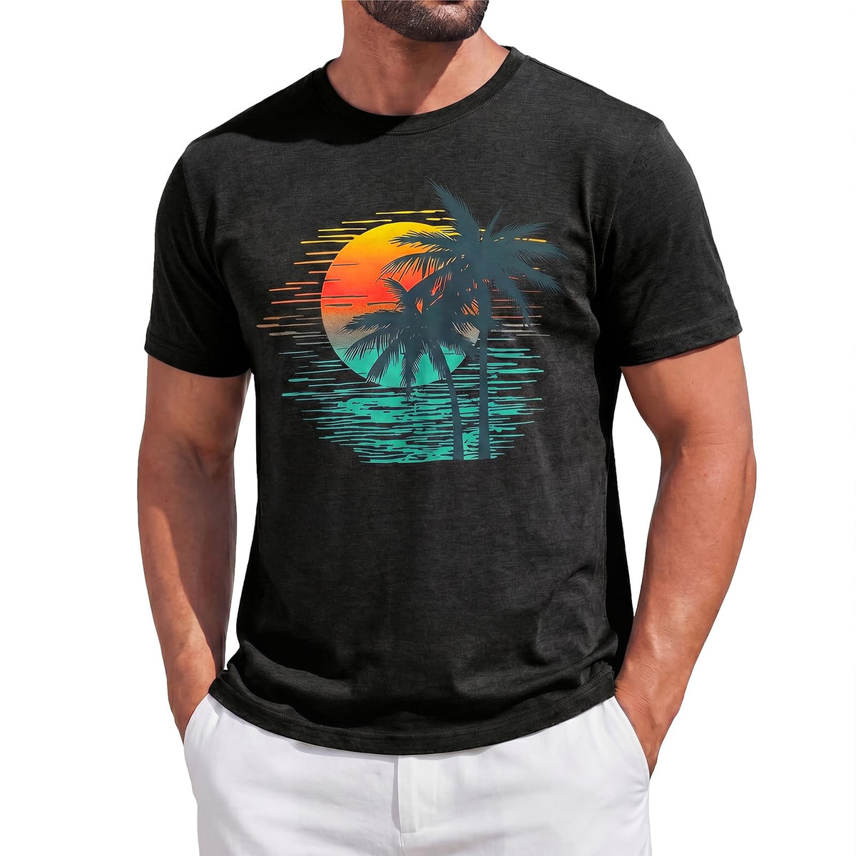 Runcati Mens Short Sleeve Graphic Palm Tree Printed T Shirts