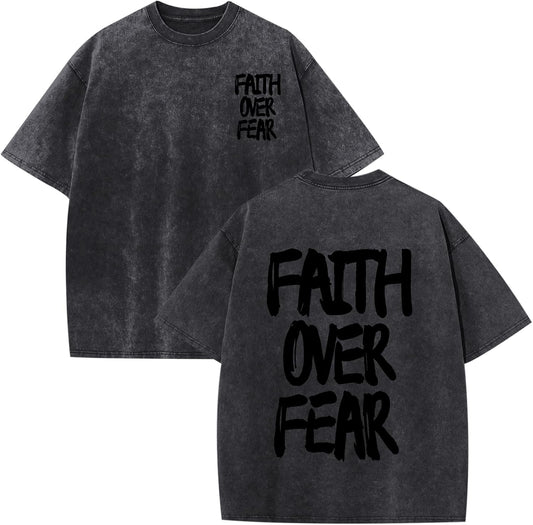Christian Shirts for Men Faith Over Fear Shirt Jesus Religious Tshirt Oversized Graphic Tees Acid Wash God T-Shirt