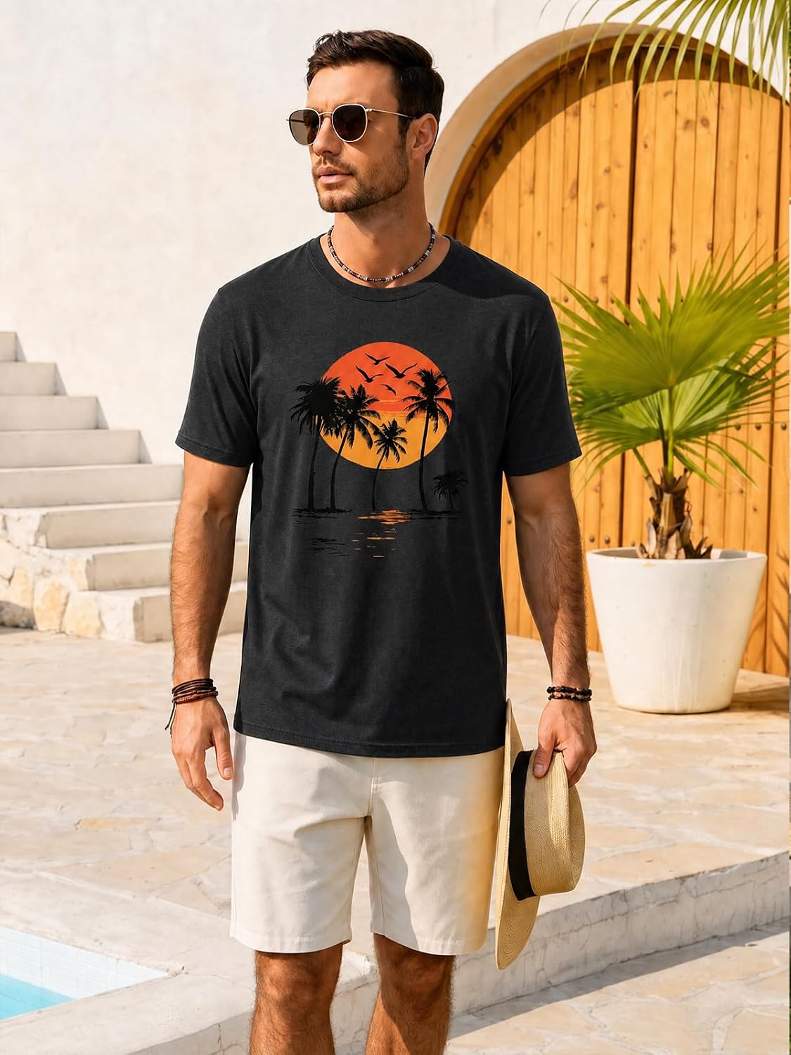 Runcati Mens Short Sleeve T-Shirts Crewneck Graphic Palm Tree Printed Tees