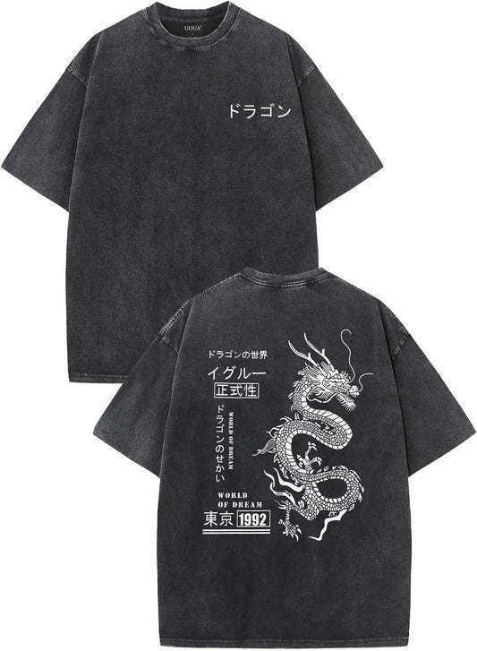 UOUA Men's Graphic Tees Washed Oversized Short Sleeve T-Shirts