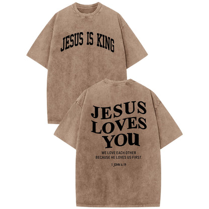Mens Christian Shirts Jesus is King Love You Tshirt God Faith Religious Bible Verse Oversized Acid Wash Graphic Tees