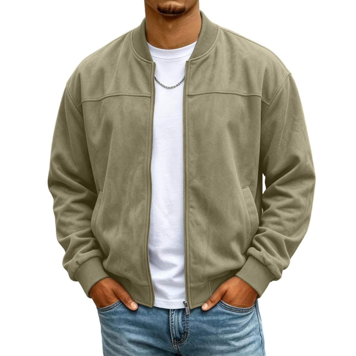 Mens Suede Jacket Stand Collar Warm Plush Zip Up Bomber Jacket with Pockets